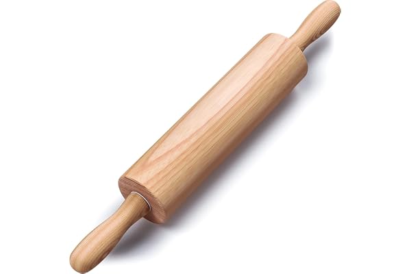 Wooden Rolling Pin 17.6 Inch with Rotating Ergonomic Handles – Classic Beech Wood Dough Roller for Baking Pizza, Pastry, Brea