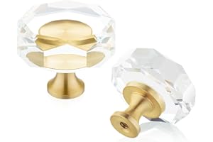 QOGRISUN 10-Pack Brass Crystal Cabinet Knobs,Glass Crystal Gold Drawer Knobs,1-1/4-Inch Polygon,Decorative Dresser Pulls, Modern Cabinet Hardware