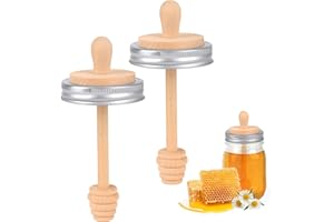Sun3drucker Wooden Mason Jar Honey Dipper with Lids Set - Honey Dipper Wooden Stick for Regular Mouth Mason Jars, Honey Spoon Honeycomb Lids for Regular Mouth 16 oz Mason, Ball Jars