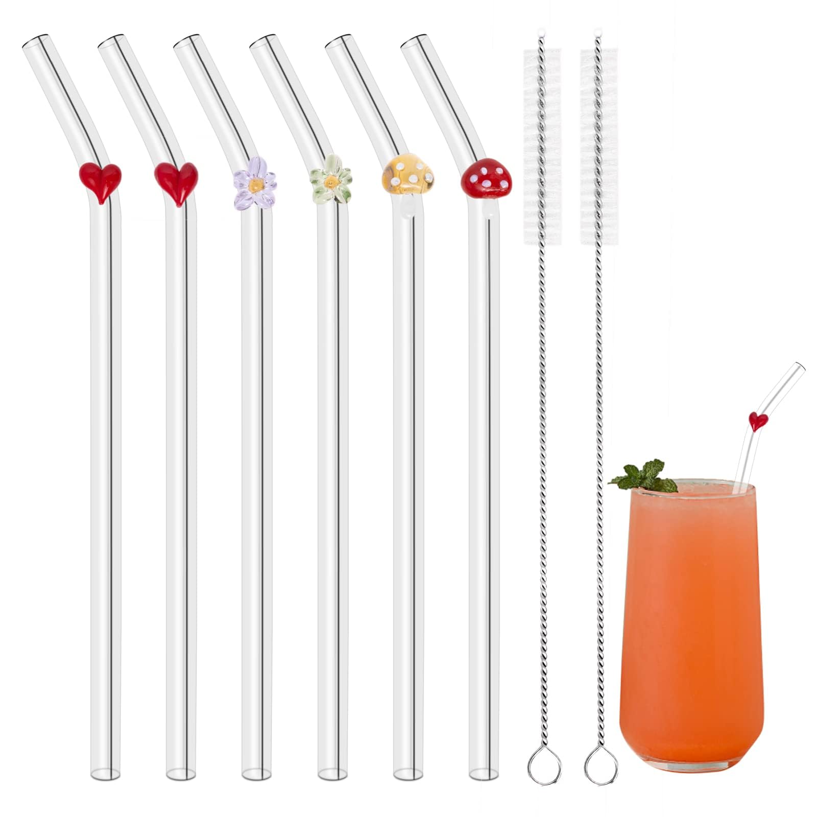 6Pcs Cute Glass Straw with with 2Pcs Cleaning Brush, Glass Strwas with Different Charms, Reusable Bent Glass Straws with Multiple Designs Includes Hearts Flowers Mushrooms for Smoothie Coffee Juice