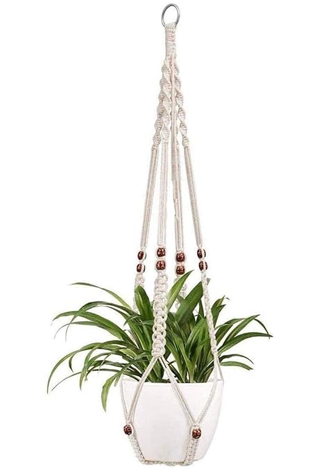 DXYZ Macrame Cotton Outdoor/Indoor Plant Hanger with Wooden Ring [Without Pot] | Rope Flower Pot Holder for Balcony Garden Wall | Home Decor Basket Hanger (Ivory, 1)