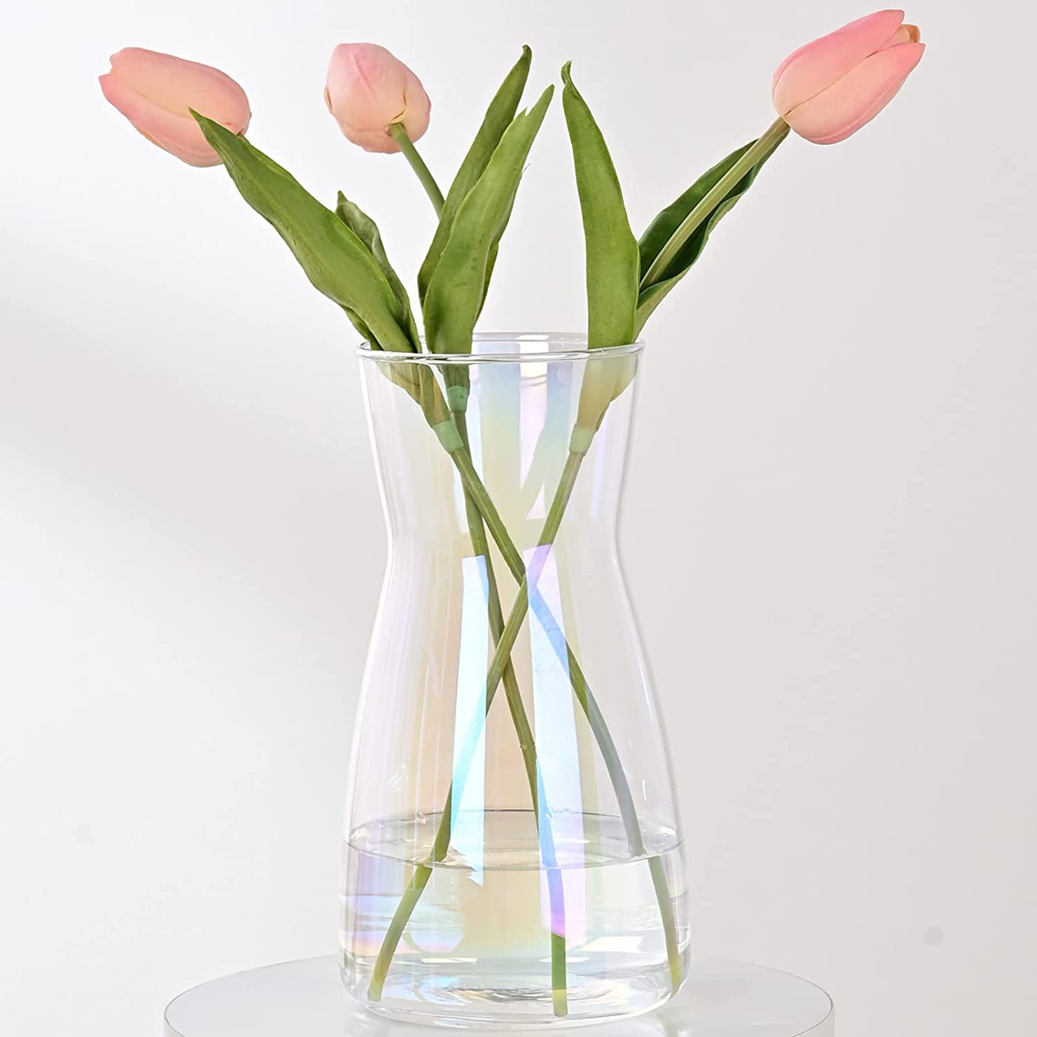 Vzmiza Glass Vase - Premium Quality Flower Flowers Rustic Home Decor, Decorative Iridescent Modern Farmhouse, Ideal Shelf, Table & Entryway Patented Design, White, 20x9.4x9.4 cm (Vz1-Shiny)