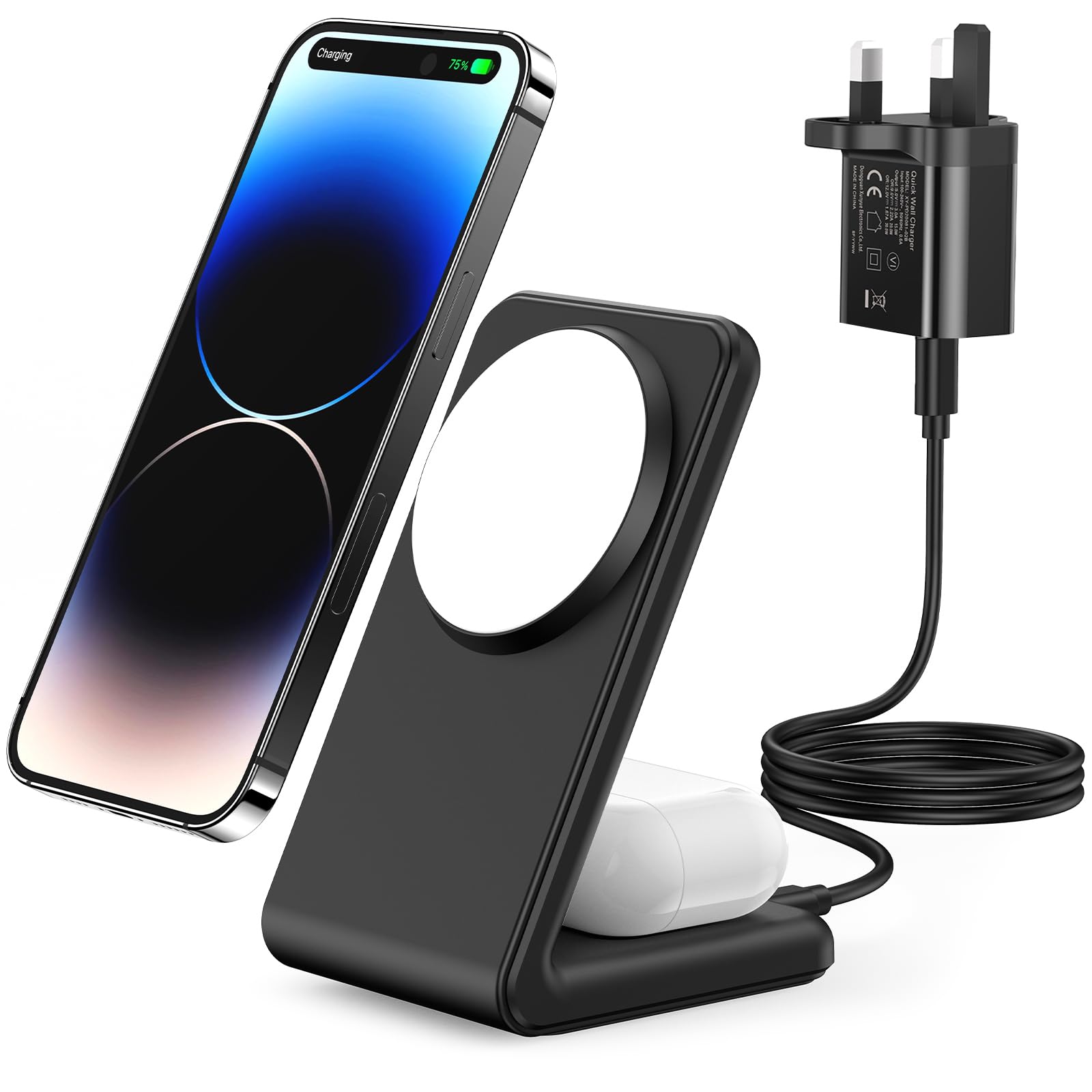 Meifigno 2-in-1 for Magsafe Charger Stand with [PD3.0 20W USB-C Charger Block & Cable] - Fast Charging Wireless Charger for iPhone 17/16/15/14/13/12 Pro Max, AirPods 3/Pro 2/Pro, Black