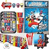 Power Rangers Ninja Steel Deluxe MEGA Birthday Party Supply Pack For 16 With Dessert Plates, Napkins, Cups, Tablecover, Candle, Scene Setter, Cutlery, and Exclusive Pin By Another Dream!