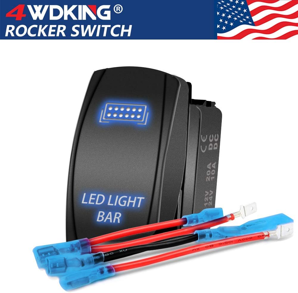 LED Light Bar Rocker Switch - 4WDKING Momentary On/Off Push Button Toggle Switch with Jumper Wire 5 Pins Blue LED Lights 20A 12V. (Blue Light - LJ34)