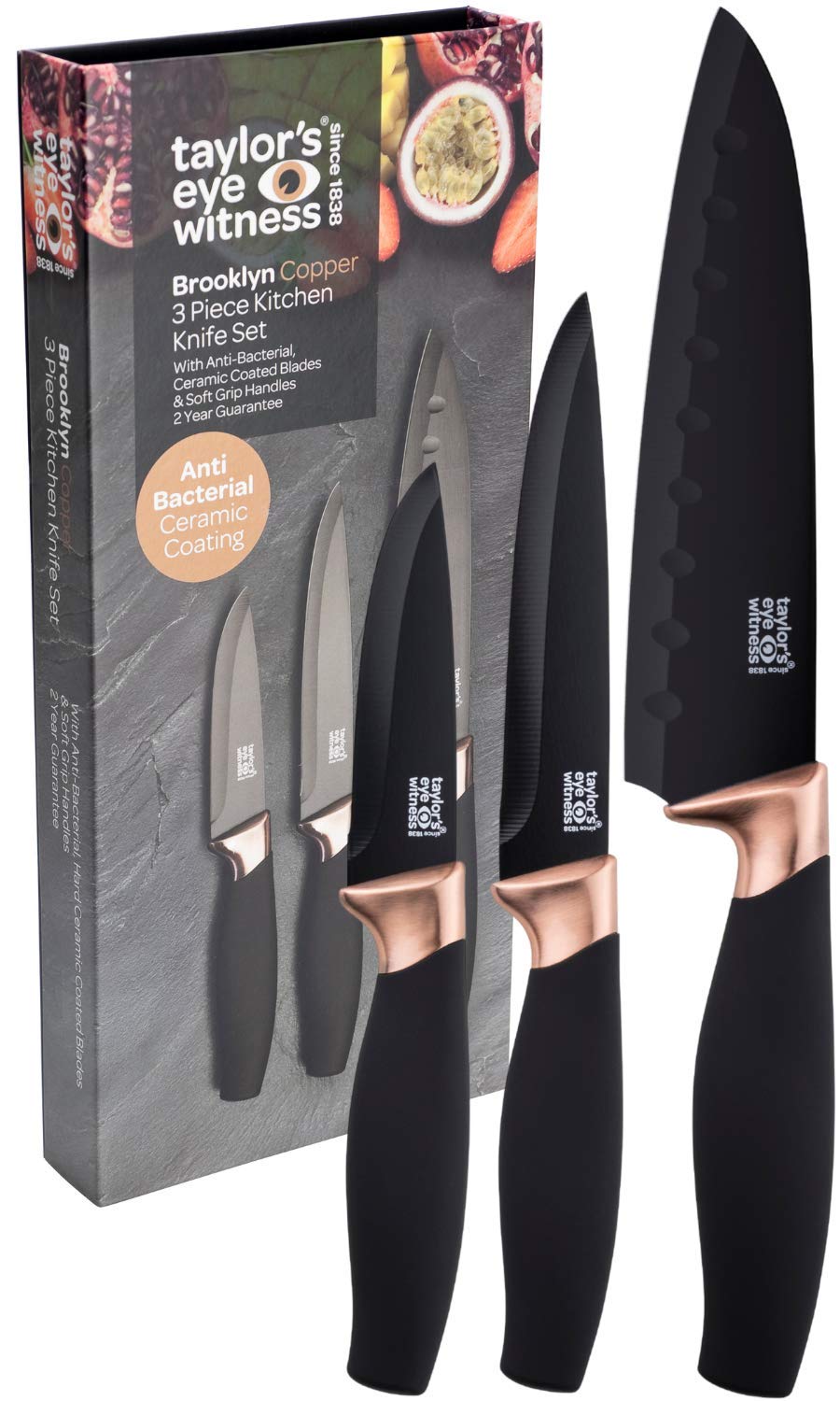 3pc Kitchen Knife Gift Set - Brooklyn by Taylors Eye Witness. Copper Coloured Bolsters, Matching Finely Ground Razor Sharp Jet Black Coated Blades. Soft Grip Handles. 2yr Peace of Mind