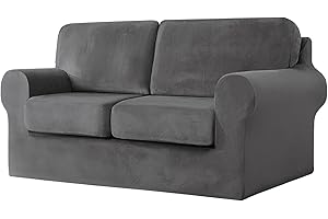 JONUIONY Stretch Love Seat Slipcover, Velvet Loveseat Slipcovers, Plush Sofa Cover for 2 Seat Separate Backrests and Cushions Couch Furniture Protector with Elastic Bottom(Dark Grey,Loveseat)