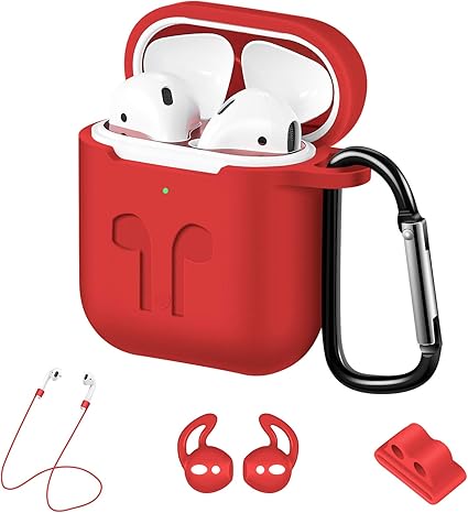 Amazon Airpods ケース Talenana エアーポッズ 用 シリコンケース 5点セット 全面保護カバー 落下防止 耐衝撃 装着充電可能 防水 防塵 カラビナ付き Airpods第1世代と第2世代に対応 レッド Talenana イヤホン ヘッドホンケース