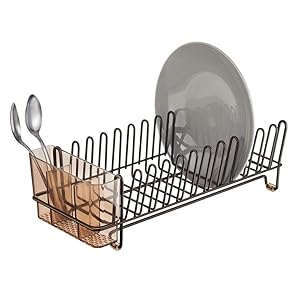 mDesign Compact Modern Kitchen Countertop, Sink Dish Drying Rack, Removable Cutlery Tray - Drain and Dry Wine Glasses, Bowls and Dishes - Metal Wire Drainer in Bronze with Amber Brown Caddy