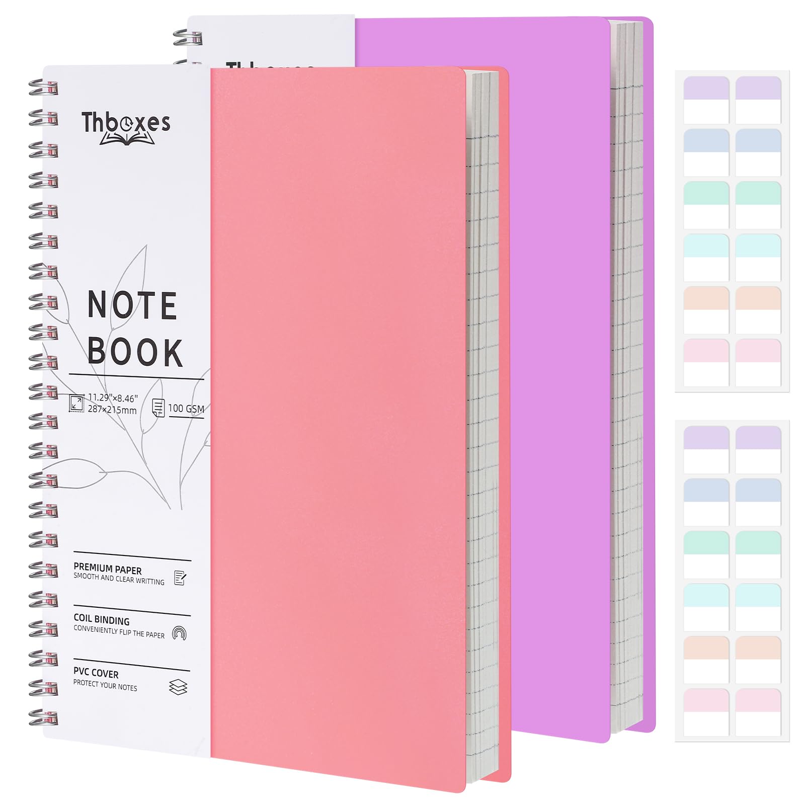 Thboxes 2 Pack A4 Spiral Notebook, 200 Sheets College Ruled Notepad Wirebound Notebook, 100GSM Thick Paper for Women Men Office School, PVC Hardcover, 21.5 x 28.7cm (Pink & Purple)