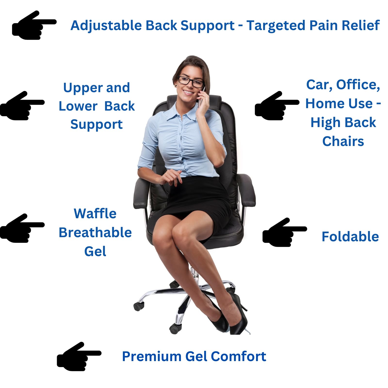 FOMI Gel Seat Cushion and Adjustable Back Support | Lumbar Pillow Flexible Placement for Upper Lower Thoracic, Coccyx, Pressure Sore Pain Relief | for Car, Office Chair, Gaming, Stadium | Posture Aid