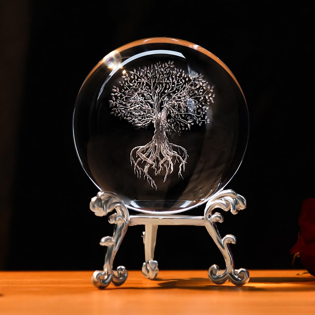 IFOLAINA 3D Tree of Life Crystal Ball Paperweight Glass Sphere Figurines for Home Decor Ideal Fengshui Ornament for Home Decoration