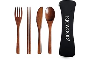 IQCWOOD Portable Wooden Cutlery Set for Travel and Camping - 4 Piece Set With Reusable Wooden Spoon, Fork, Knife and Chopsticks