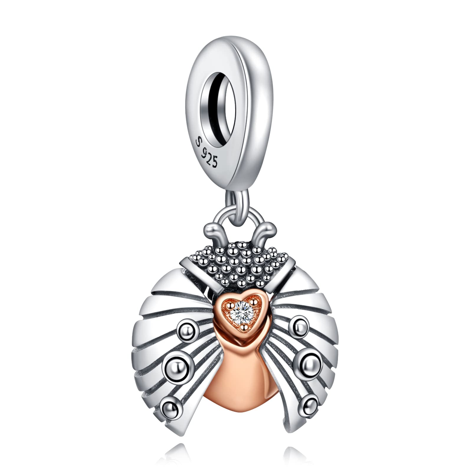 Annmors 2022 Ladybird & Heart Charms for Women S925 Sterling Silver Dangle Bead with 5A Cubic Zirconia for Bracelets Necklaces,Jewelry Charms for Mother's Day Birthday Gift