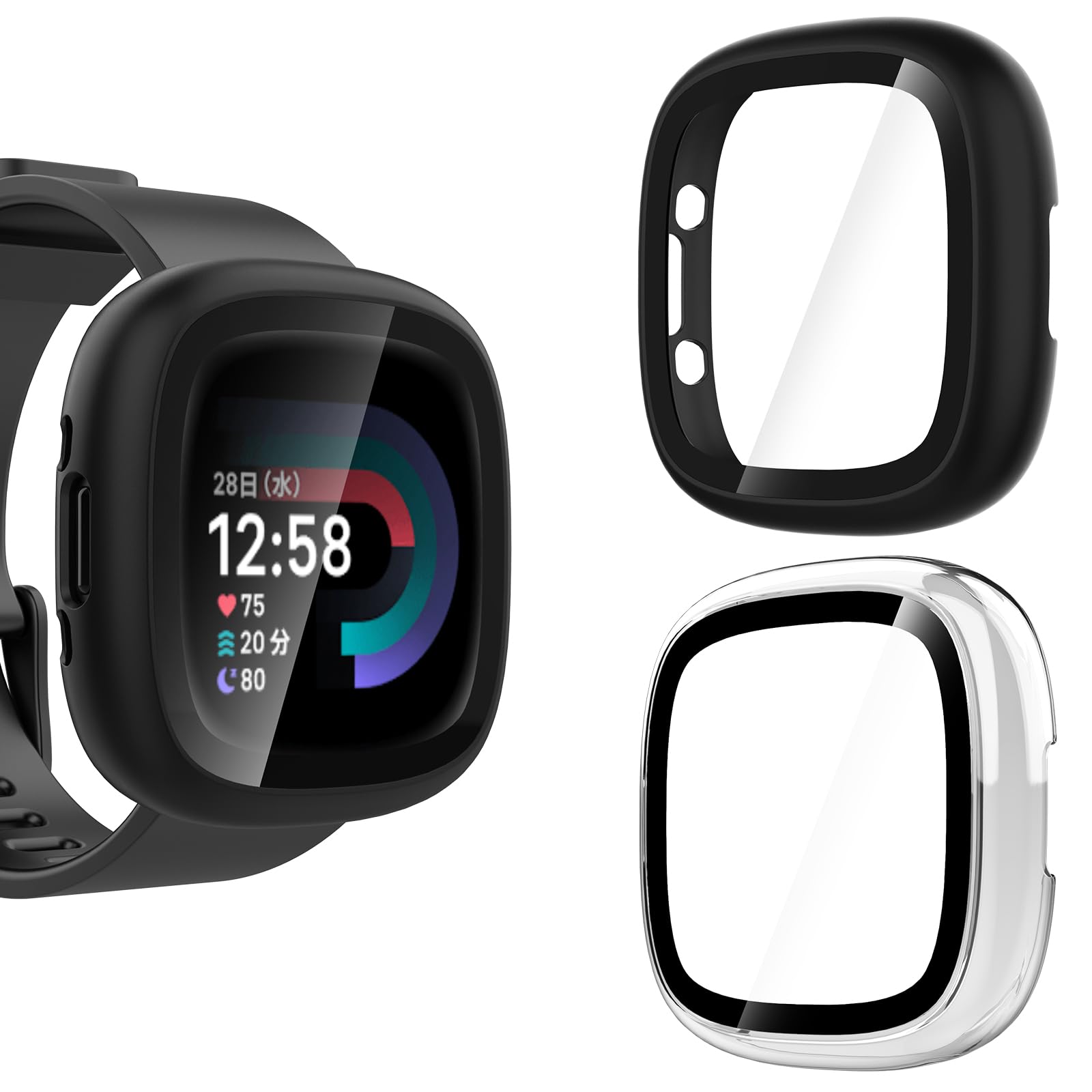 KIKISML 2 Pack Hard Case Compatible with Fitbit Versa 4/Sense 2, All-round Protective Tempered Glass PC Case Bumper Cover(Black, Clear)