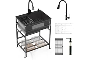 FAUENPEEY Black utility sink, 25x18 Inch Stainless Steel Freestanding Laundry Sink Practicality With Accessories-Black Faucet,Soap Dispenser, SS Sink Grid, Colander For Laundry,Garage,Outdoor Kitchen,Garden...