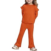 Yousify Girls 2 Piece Outfits Kids Casual Ribbed Knit Long Sleeve Shirts and Flare Pants Clothing Sets 5-14 Years