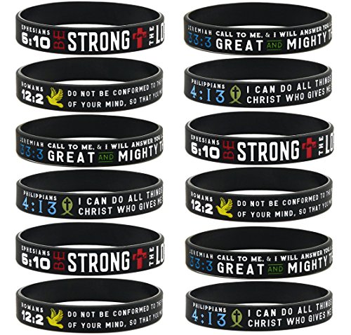 (12-Pack)"Power of Faith" Bible Verse Bracelets - Philippians 4:13, Ephesians 6:10, Romans 12:2, Jeremiah 33:3 - Bulk Wholesale Pack of Religious Silicone Wristbands for Unisex Adults