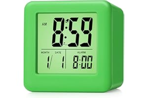 Plumeet Digital Alarm Clock Kids with Snooze and Nightlight - Easy Setting Silicone Clock Display Time, Date - Loud Alarm Clock for Bedroom - Battery Powered (Green)