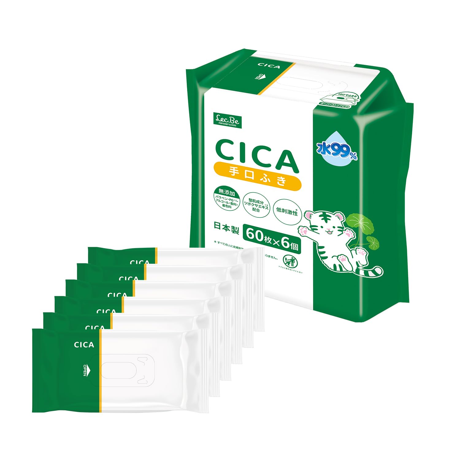 レック(LEC) CICA ウエットティシュ 手口ふき 60枚✕6個(360枚) 整肌成分 ツボクサエキス 配合 純水99% 低刺激 日本製商品画像