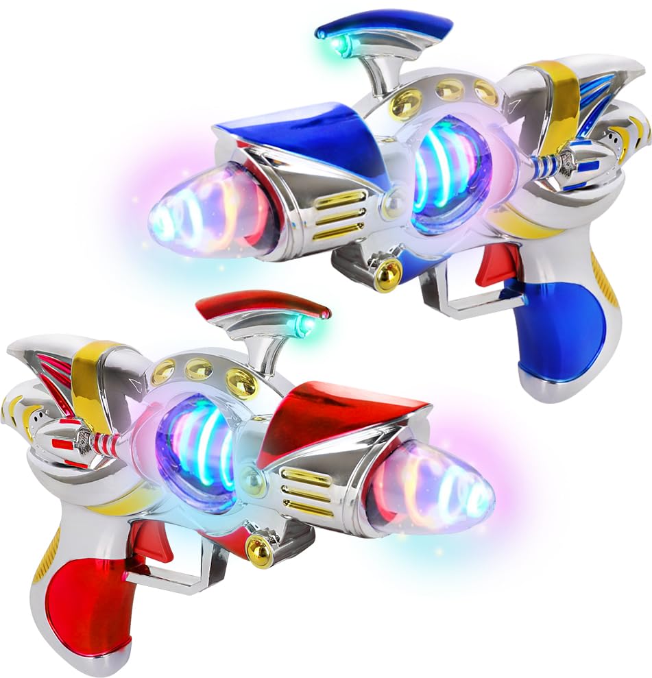 Photo 1 of ArtCreativity Super Spinning Space Toy Gun (2 Pack), Red & Blue Light Up Toy Guns with Flashing Lights & Sound Effects, Space Blaster, Cosplay Ray Guns, Prop Toy Gun for Toddlers, Batteries Included
