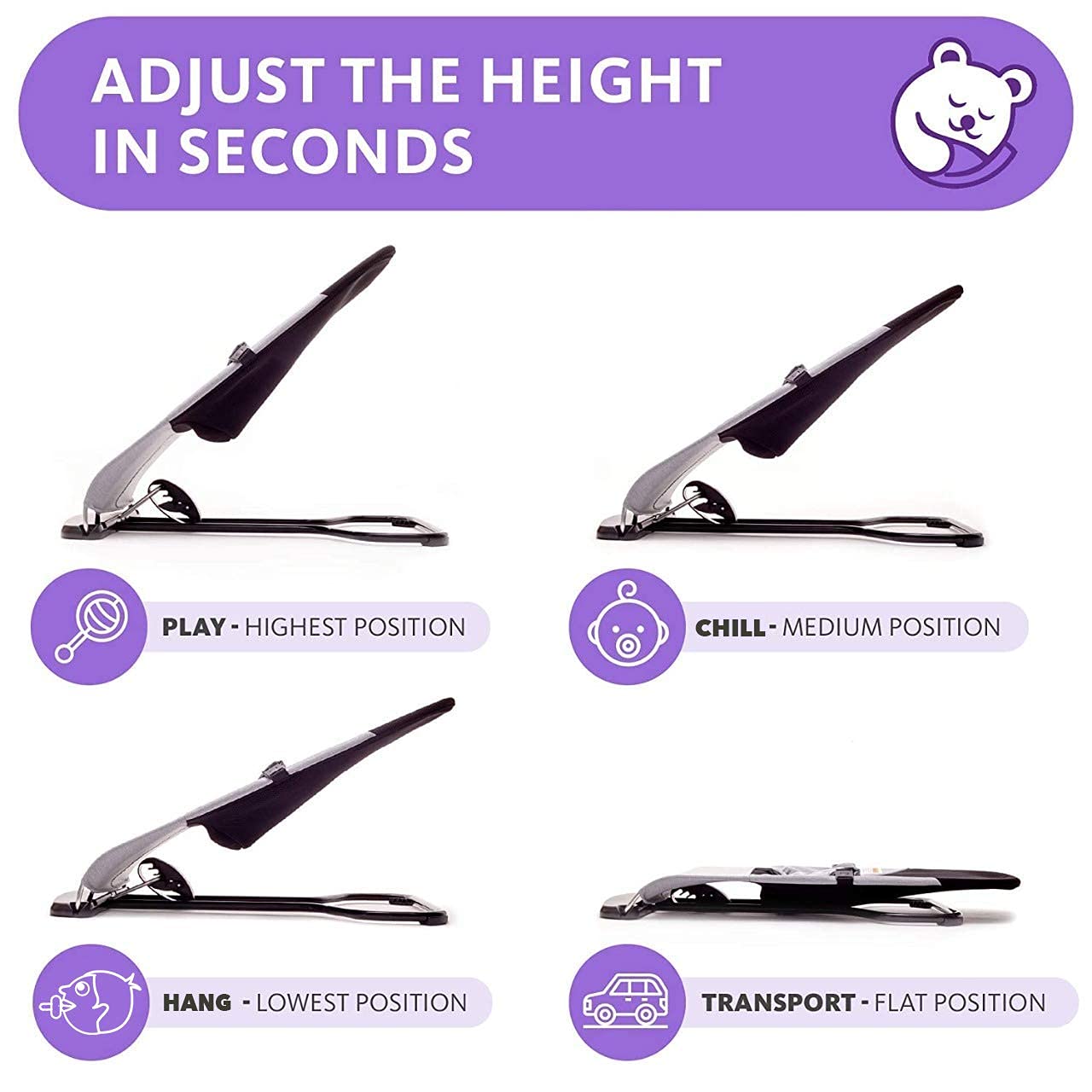 ComfyBumpy Ergonomic Baby Bouncer Seat - Bonus Travel Carry Case - Safe, Portable Bouncing Chair with Adjustable Height Positions - Infant Bouncy Seat Perfect for Newborn Babies (Grey)