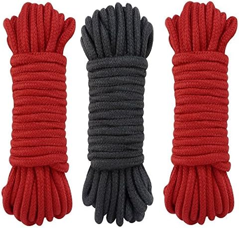 32 Feet (10m) All Purpose Soft Cotton Rope, Soft and Durable, Pack of 3 (Black Red Red)
