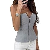 MakeMeChic Women's Summer Tube Tops Strapless Zipper Front Blouse Office Dressy Shirt