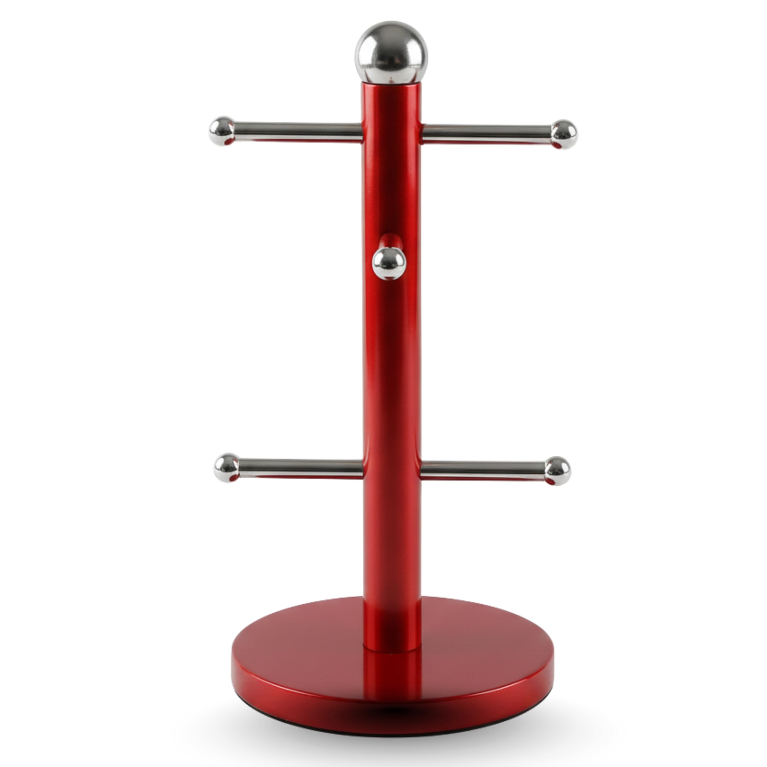 Mug Hanger Stand Tea Coffee Cup Holder with 6 Hooks | Modern Red Mug Tree for Kitchen Storage and Organization | Durable Stainless Steel Countertop Rack | Space-Saving Cup Organizer - Red