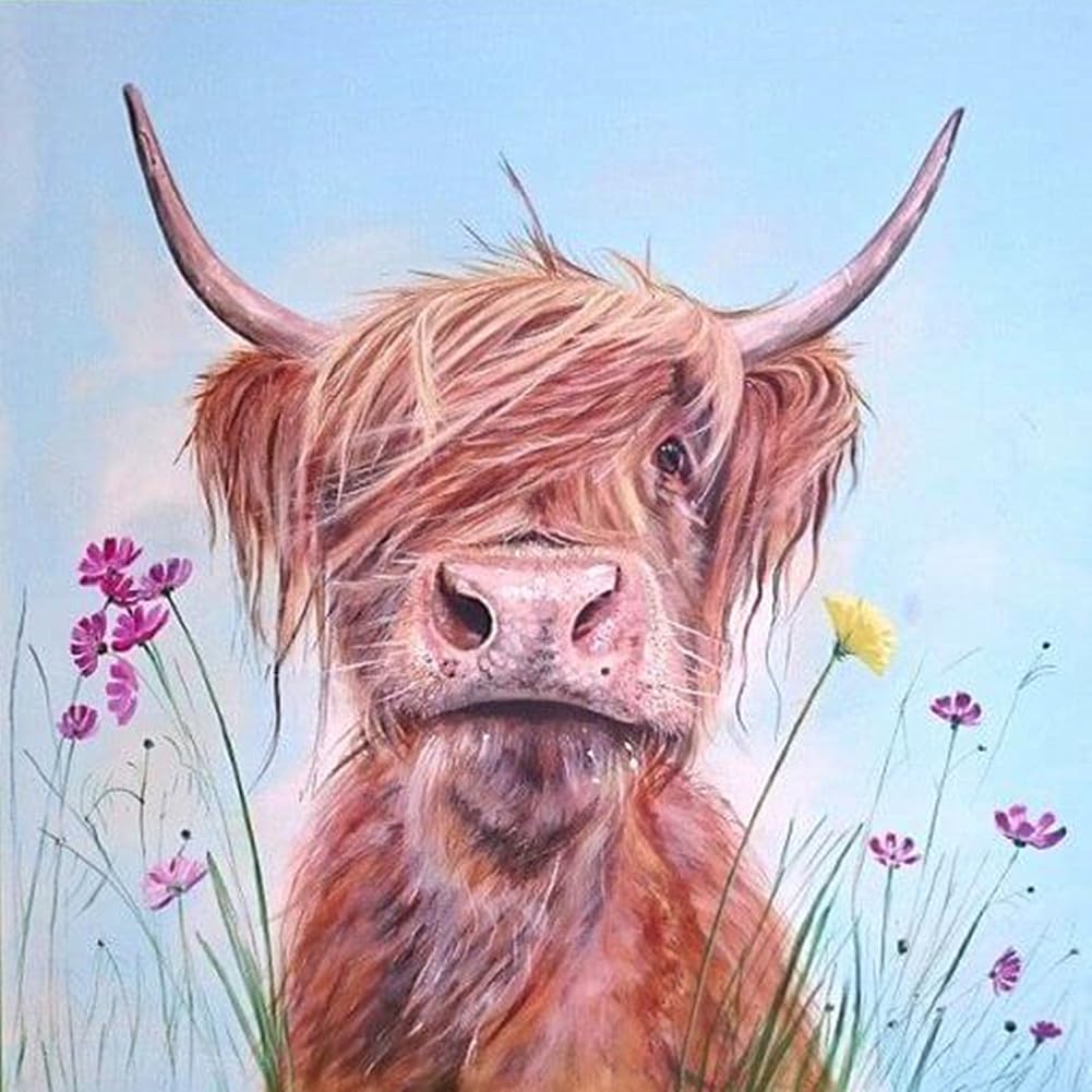 YEESAM Art Pre Printed Cross Stitch Kits for Adults Beginners, Cute Highland Cow Flowers Stamped 11CT 48X48cm Embroidery Kit Wall Art Highland Cattle Cows (Highland Cow)