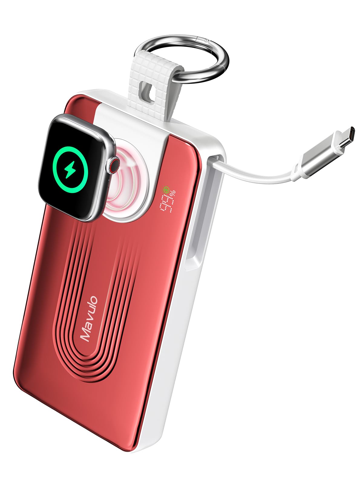 Photo 1 of Mavulo Retractable Portable Charger for Apple Watch and iPhone 10000mAh 20W Fast Charging Power Bank Built-in Cable with LED Display, Travel Essentials Battery Pack for iPhone 17 16 15 Charger, Red