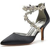 Anna's Bridal Women's Pointed Toe High Heels Pumps Ankle Strap Rhinestones Satin Heels Wedding Shoes for Bride Prom Party Dress Shoes Sandals