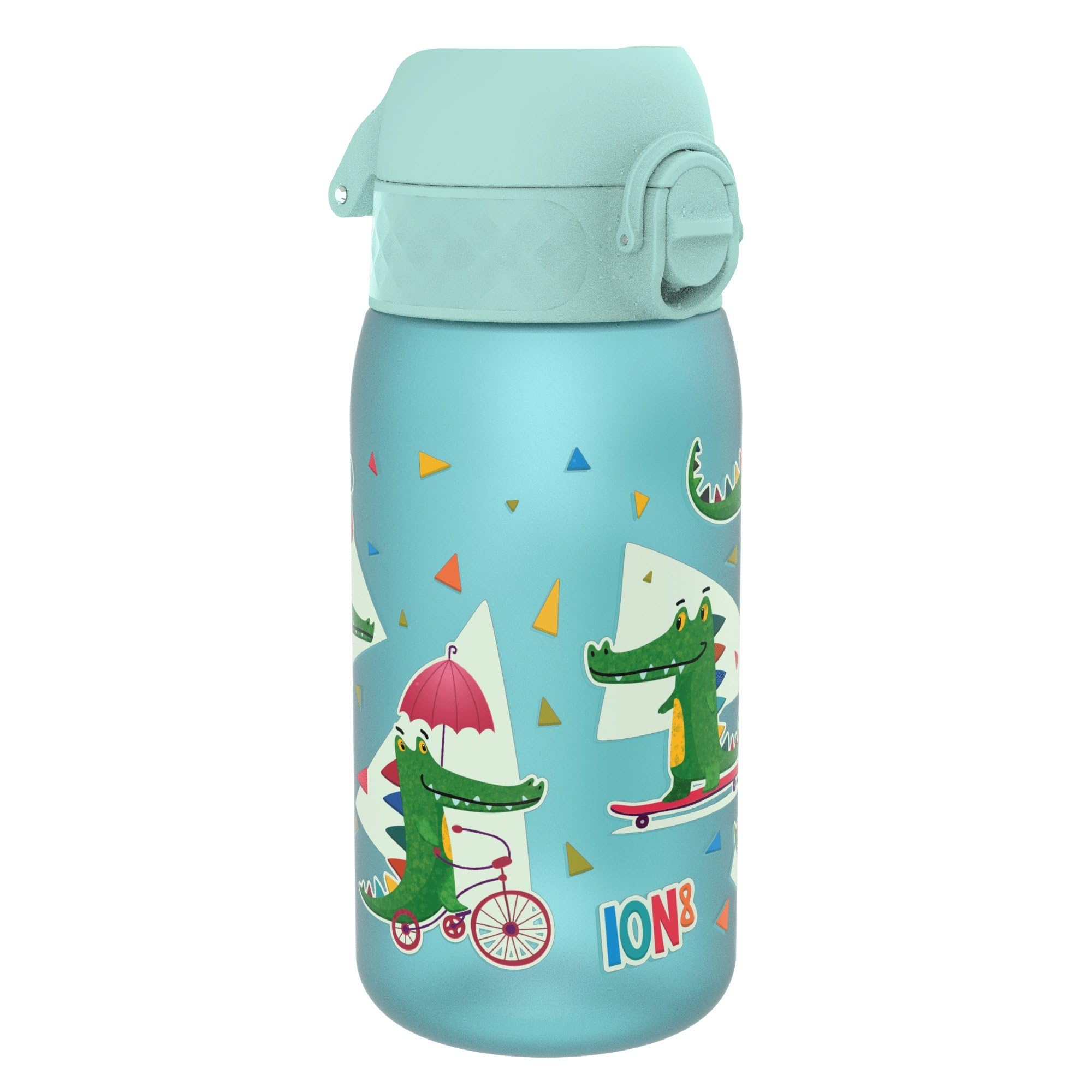 Ion8 Kids Water Bottle, 350 ml/12 oz, Leak Proof, Easy to Open, Secure Lock, Dishwasher Safe, BPA Free, Carry Handle, Hygienic Flip Cover, Easy Clean, Odour Free, Carbon Neutral, Blue, Crocodiles
