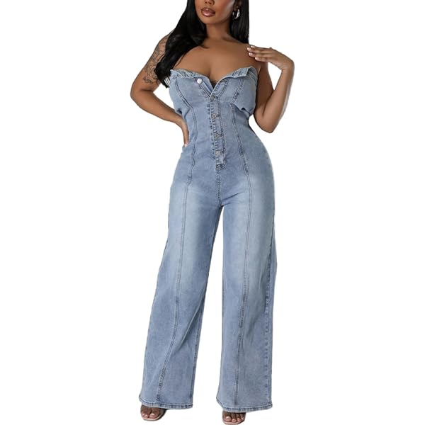 thumbnail image 2 of Women's Overalls TACSTRUN Women's Denim Cargo Jumpsuit Short Sleeve Stretch Slim Jean Jumpsuit Rompers 2 of 12