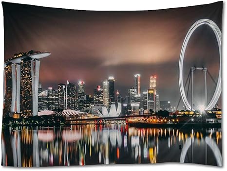 Amazon Co Jp 229x153 Cmタペストリー インテリア 多機能壁掛け シンガポール 高層ビル 建物 海岸 夜 特大 布製 壁画 おしゃれ ファブリック装飾用品 モダン 部屋 窓カーテン 個性ギフト ホーム キッチン