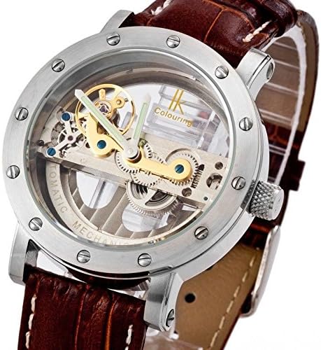 New Luxury Brown Silver Transparent Dial Skeleton Automatic Mechanical Men Watch Silver