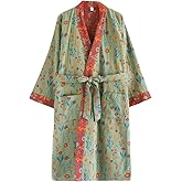 Cotton Double Gauze Traditional Hanfu Midi-length Nightdress Printing Tie-belt Bathrobe Loose Pajamas Comfortable Nightgown Sweat Steaming Yukata Sauna Suit Sleepwear Kimono for Women Large(Green)