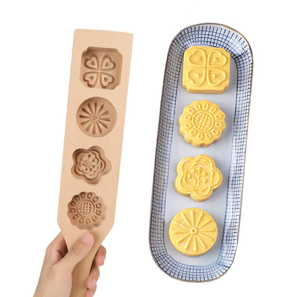 Wooden Mooncake Mold, 4 Flower Pattern DIY Moon Cake Press Carved Baking Cookie Mold for Biscuit Chocolate Ice Candy Cake Shop Dessert Shop Kitchen Home Tools
