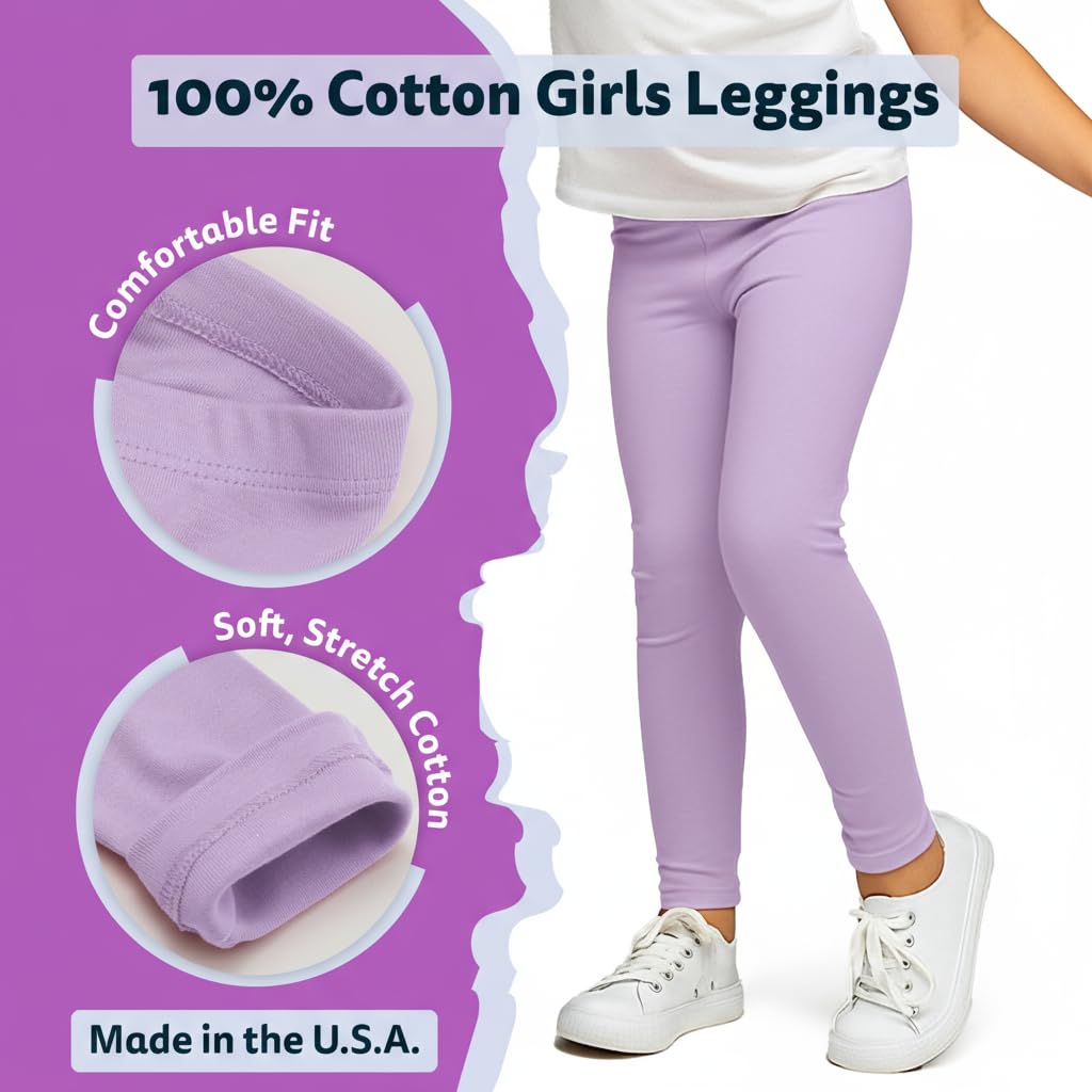 *All variations included* Girls 100% Cotton Leggings – Soft Breathable Baby Rib Pants for School Uniform, Sensory-Friendly Wear, Sensitive Skin Comfort, Everyday Play & Layering Basics (Lavender, 3 Years)
