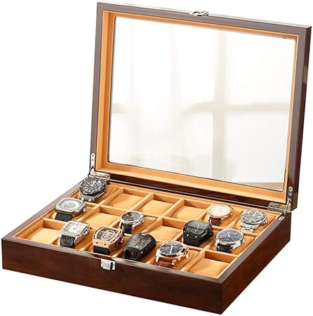 Caja de Relojes Estuche Caja De Reloj De Vidrio De Madera De 18 Posiciones con Cerradura