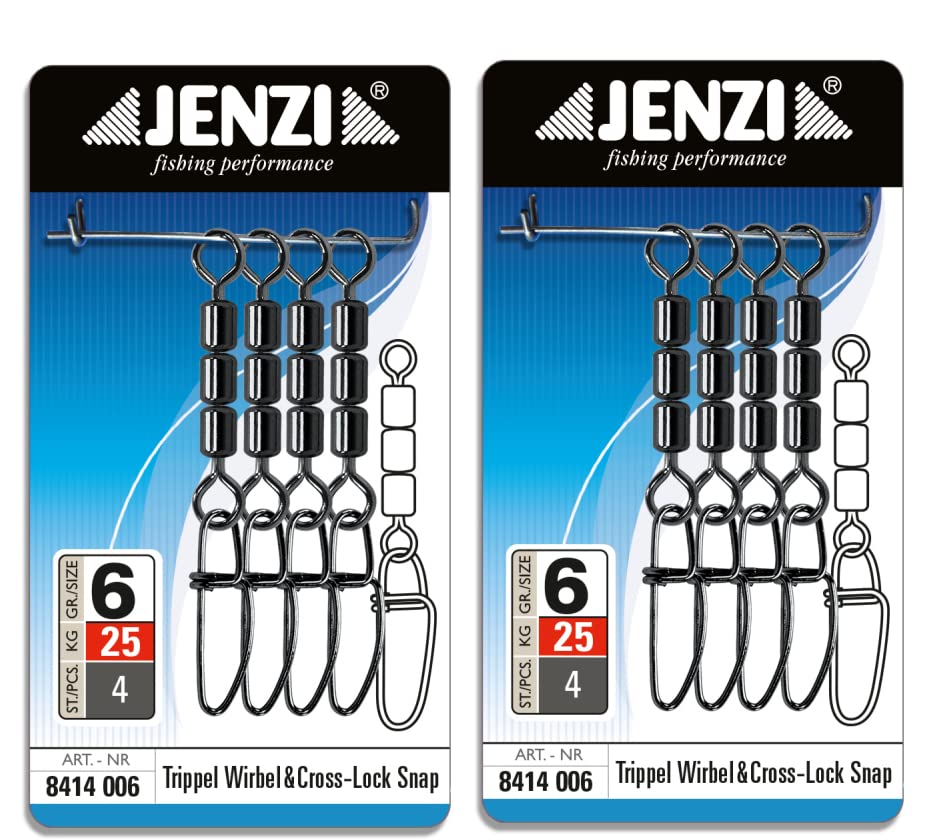 Jenzi Set: 2 packs (8 pieces in total) high-speed swivels with fastlock carabiner, black nickel, size 6, 25 kg + free Petri Heil! sticker.