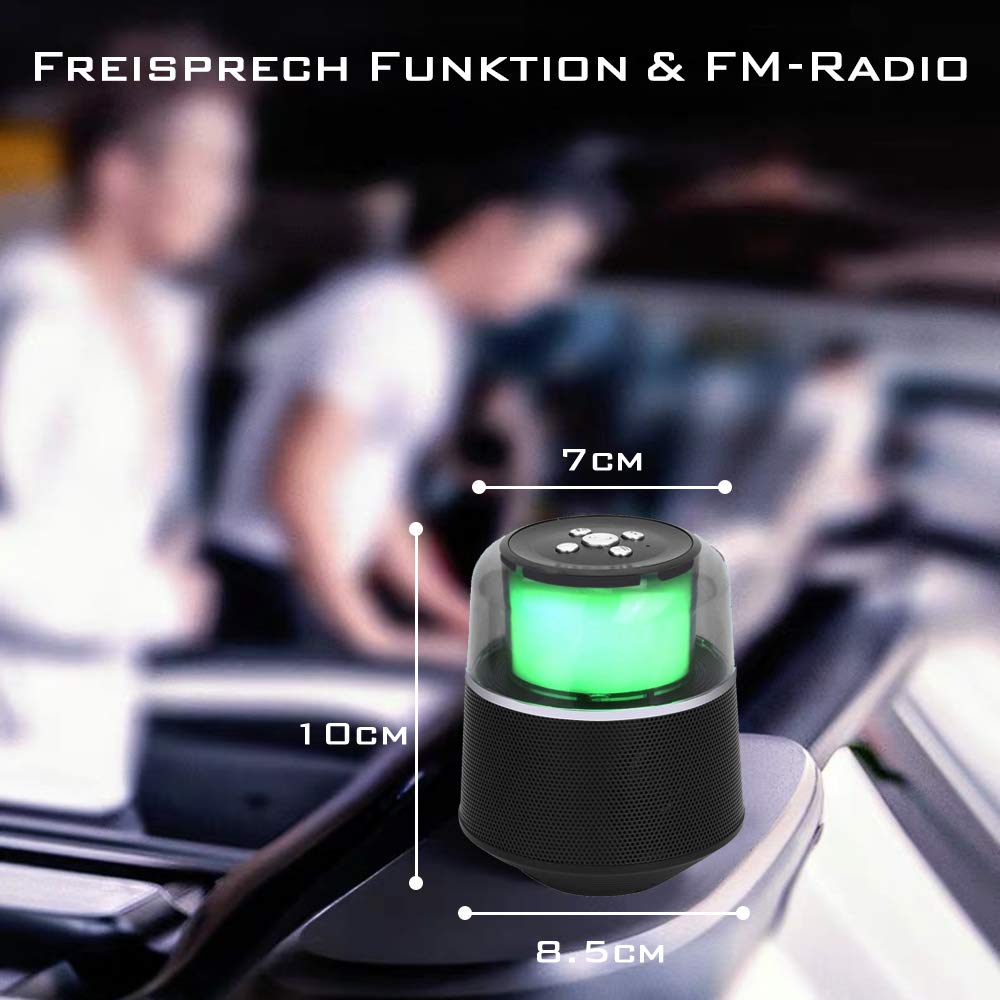 Portable Bluetooth Lautsprecher, Mini Super Mobiler Bluetooth 4.2 Lautsprecher mit Eingebautem Mikrofon,FM Radio, Freisprechanruf, LED-Licht, 3,5mm Audio-Eingang, TF-Kartensteckplatz (Schwarz)