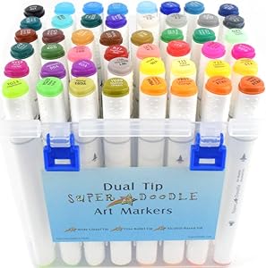 Super Doodle 48 Color Alcohol Markers - Dual Tip Alcohol Based Art Marker Set for Adults, Permanent Highlighter Pens with Case, Fine Bullet and Chisel Tips for Kids Coloring Sketching and Illustration