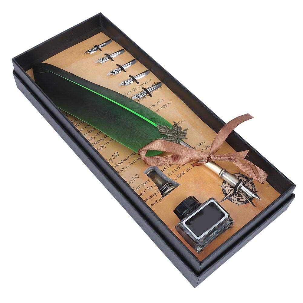 Hztyyier Quill Feather Pen Caligraphy Set Adults Writing Quill Pen for Holidays, Christmas, Birthdays Gifts with 5 Nibs Set in Gift Box(Green)