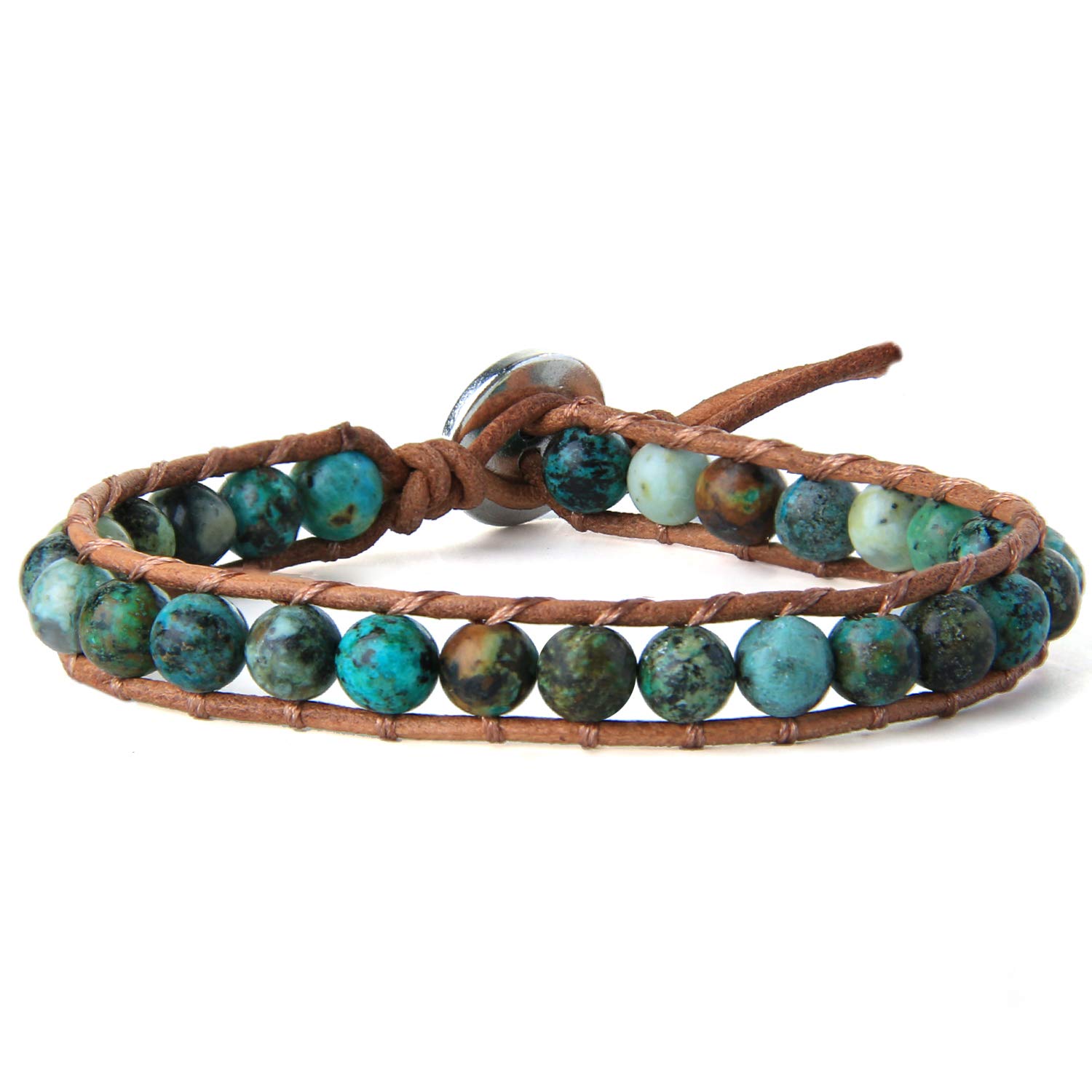 KELITCH Turquoise Beads Strand Bracelets Natural Stone Leather Wrap Bracelet New Adjustable Charm Bracelets (Green 8B)