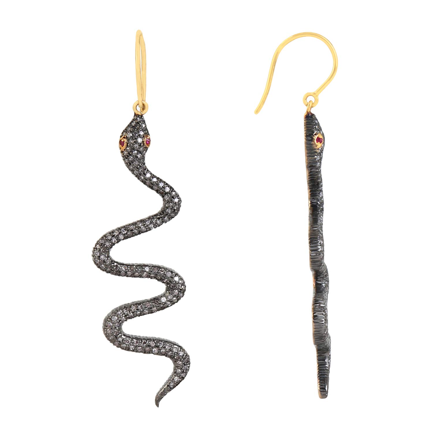 925 Sterling Silver Solid Gold Black Brown Snake Animal Hook Earrings 0.04 Ct Ruby Eyes 0.80 Ct Brown Natural Diamonds (I2-I3 Clarity) For Women