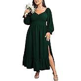SCOMCHIC Womens Plus Size Wedding Guest Cocktail Dress Sweetheart Neckline Long Sleeve Smocked Ruffle Slit Maxi Dresses