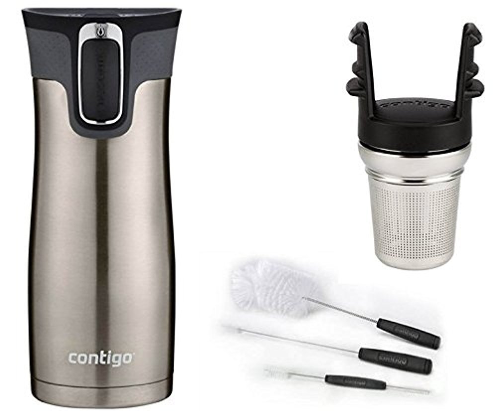 Contigo Autoseal West Loop Stainless Steel Travel Mug with Easy Clean Lid, 16-Ounce, Stainless Steel With Tea Infuser And Cleaning Brushes