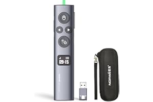 Norwii N95s BLE Presentation Clicker with Digital Pointer for PowerPoint Presentation on TV Screen and Projection Screen, Wireless Presenter Remote with Countdown Timer (Green Light-USB-AC)