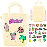 Mini Silicone Tote Bag, Rubber Beach Tote with Adjustable Strap &22 Cute Decorations for Little Girl & Woman